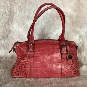 Dooney & Bourke croc embossed leather satchel in pink with silver hardware